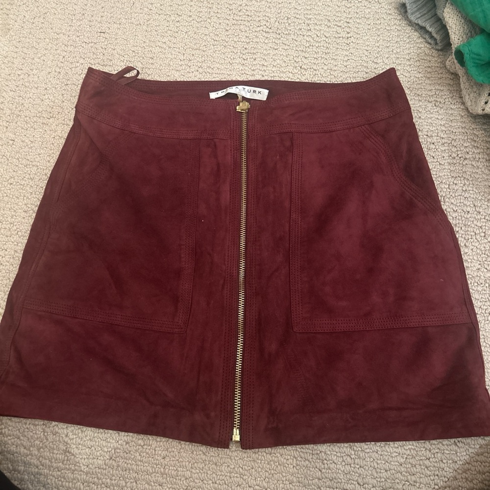 Burgundy Zip-Front Suede Skirt